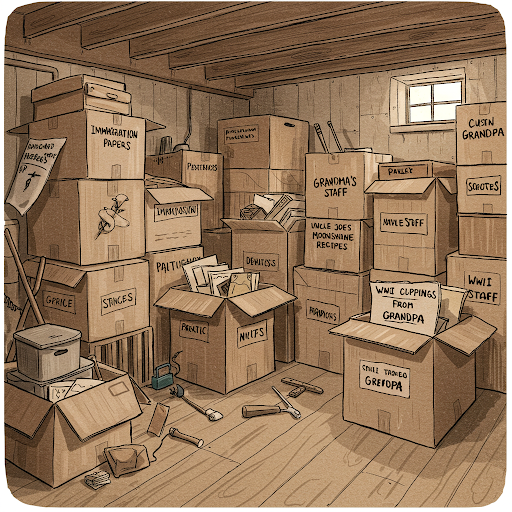 Here is a drawing of boxes piled in a basement with the following labels: Immigration Papers, Grandma's stuff, Uncle Joe's moonshine recipes, Navy stuff, WWII clippings from GrandPa, and some others