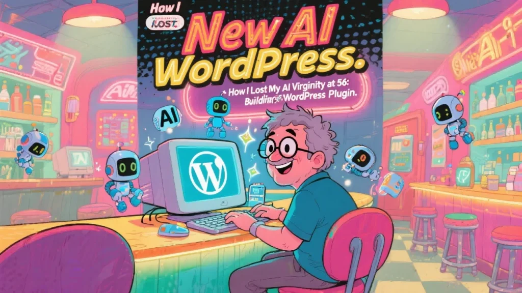 How I Lost My AI Virginity at 56: Building My First WordPress Plugin” — with a retro bar and neon. Robots flying around, and a guy in front of a computer.