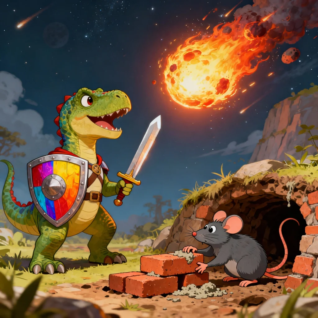 Cartoon of a dinosaur with a shield and sword bravely facing a falling meteor, while a clever rat constructs an underground nest with bricks and mortar.