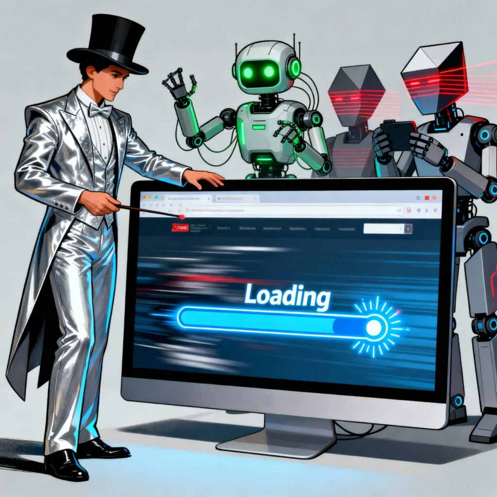 Illustration showing a magician performing a website speed illusion on a computer screen while digital bots and AI agents observe behind the scenes, highlighting the contrast between perceived fast loading and hidden delays.